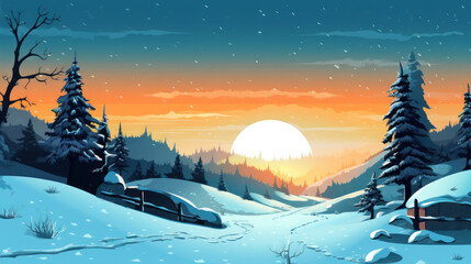 Naklejka premium Snowy Christmas landscape illustration
