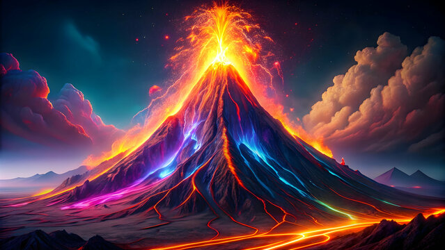 Neon lava flows from abstract 16k volcano, mesmerizing art, neon, lava, abstract, 16k, volcano, mesmerizing, art, flow