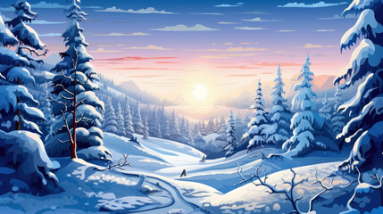Snowy Christmas landscape illustration