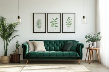 Fototapeta premium A simple and elegant living room with an emerald green sofa, white walls, framed botanical posters on the wall, wooden side tables, floor lamps, plants in vases, and soft lighting from pendant lights