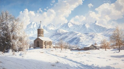 Winter scene of Gergeti Trinity Church, blanketed in snow with the distant Caucasus mountains forming a picturesque winter wonderland.