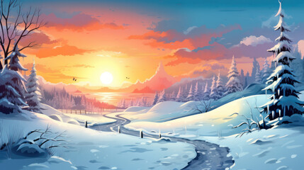 Snowy Christmas landscape illustration