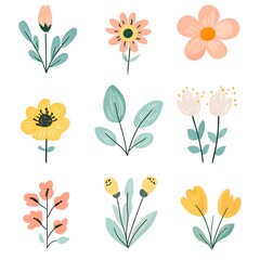 Different different Cute spring flowers, clipart, watercolor illustration, simple clean line art, white background, colorful,