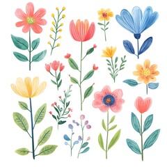 Obraz premium Different different Cute spring flowers, clipart, watercolor illustration, simple clean line art, white background, colorful,