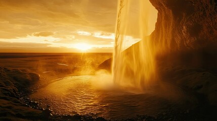 A backlit silhouette of Seljalandsfoss waterfall at sunset, as golden light streams through the flowing water.