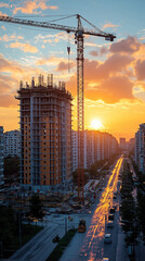 New building construction with cranes against a sunset sky, in the city center