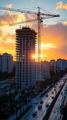 New building construction with cranes against a sunset sky, in the city center