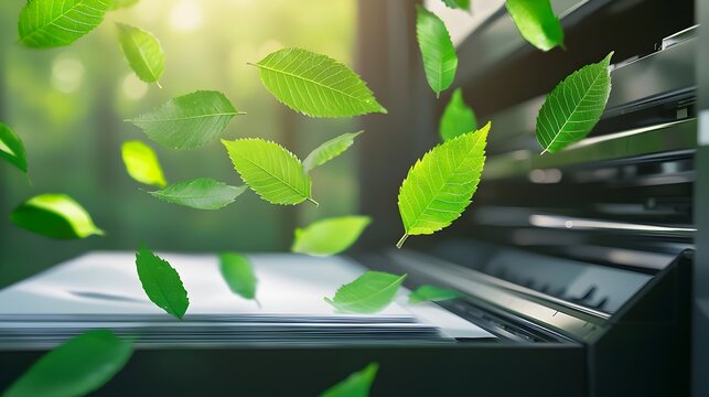 Printer Materializing Vivid Green Leaves - Blending Nature and Tech Sustainably