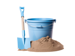 a bucket and shovel next to a pile of sand