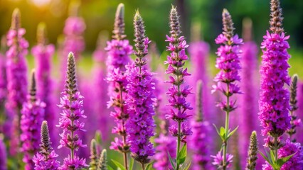 Naklejka premium Purple loosestrife flowers are blooming in a field on a sunny summer day