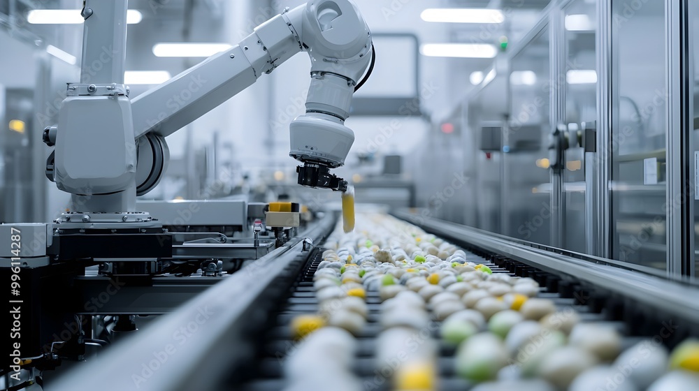 Aufkleber robotic arm automating ingredient placement on conveyor belt in food processing factory