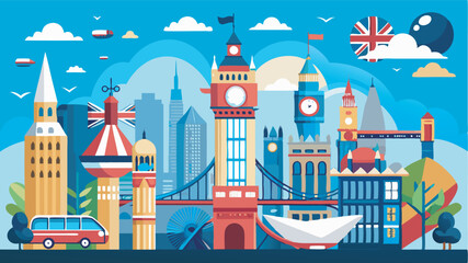 Obraz premium An illustrated UK poster with iconic landmarks like Big Ben & Tower Bridge, featuring a British flag & double-decker buses. Vibrant, promoting tourism with a whimsical city vibe.