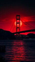 Obraz premium Iconic Bridge Silhouette Against a Dramatic Red Sunset, California Landmark at Twilight