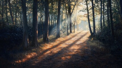 Fototapeta premium Sunbeams Illuminate a Path Through a Dense Forest