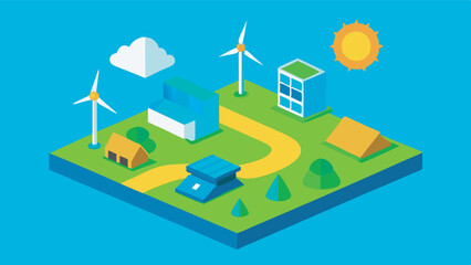 Stylized community scene with renewable energy elements: buildings, road, wind turbines, solar panels, greenery, toy train. Bright, cheerful feel in a contained community setting.