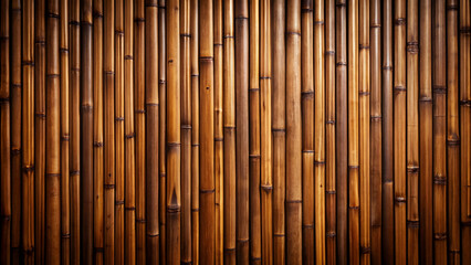 Fototapeta premium Dark brown wooden surface with natural bamboo wallpaper, creating a wide panoramic texture, wood slat, wall, background