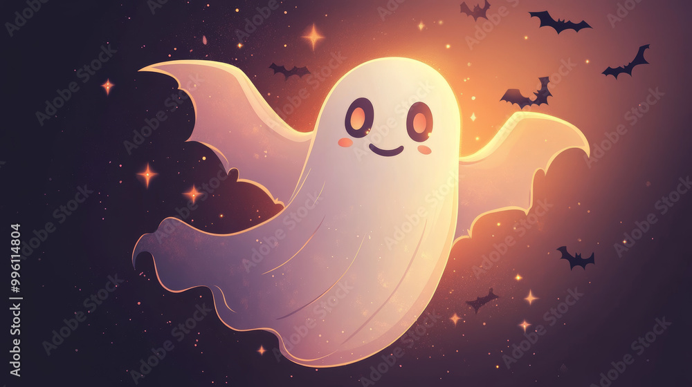 Wall mural friendly ghost floating with soft glow, surrounded by bats and stars, creates whimsical and enchanti
