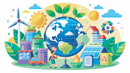 Image shows globe with people planting trees, eco-friendly tech like solar panels, recycling symbol, and greenery. Positive vision of sustainable future.