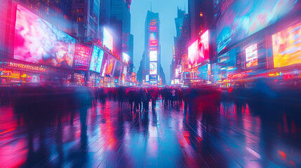 Vibrant cityscape of Times Square at night featuring illuminated billboards and blurred motion of people, capturing urban energy.