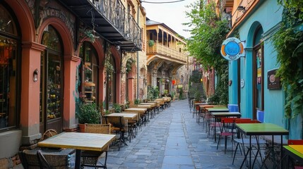 Fototapeta premium A charming ca-lined street in TbilisiOld Town, bustling with life, with traditional architecture and street art.