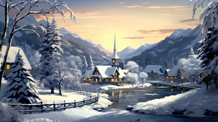 Fototapeta premium Snowy Christmas landscape illustration