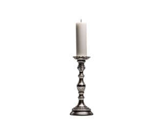 a silver candle holder with a white candle