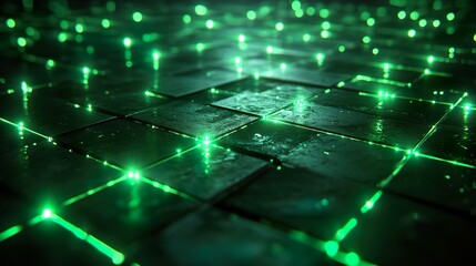 Neon Green Grid Lines Highlighted Against Abstract Dark Background