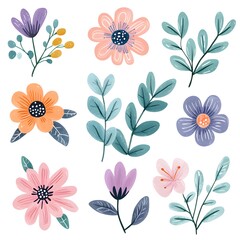 Many species of Cute spring flowers, clipart, watercolor illustration, simple clean line art, white background, colorful,