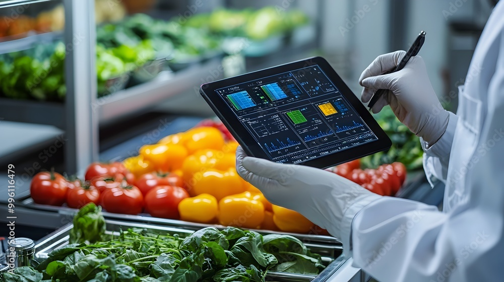 Poster intelligence analyzing nutritional data on a digital tablet in a food lab