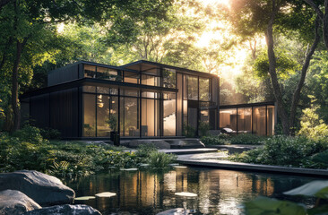 Obraz premium A modern glass house with black steel frames, surrounded by lush greenery and reflecting the surrounding nature. The structure is designed to capture natural light through large windows