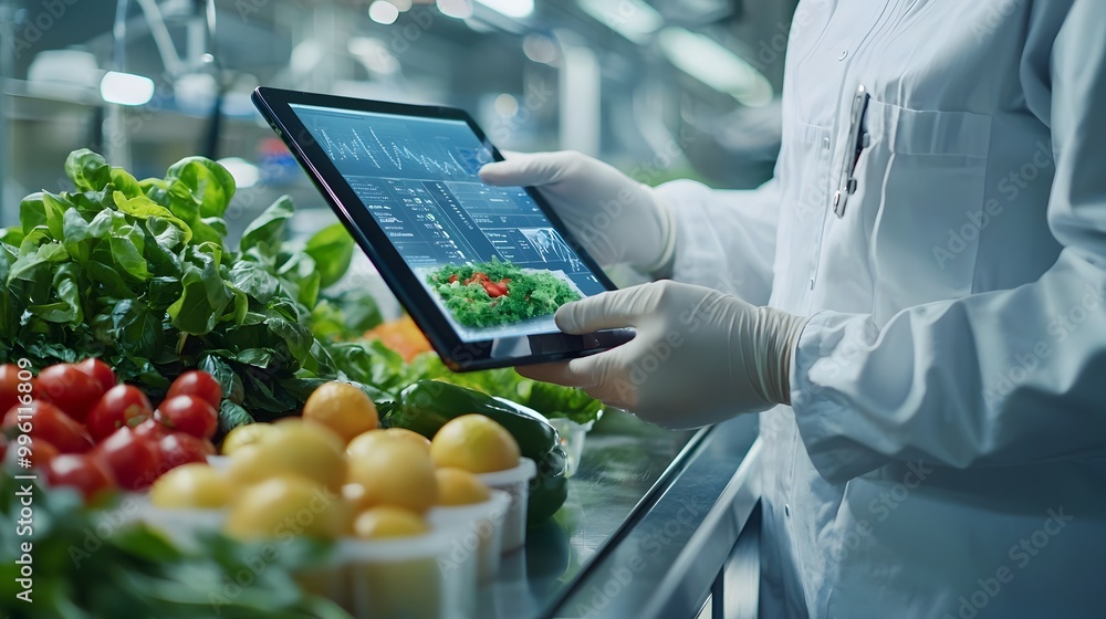 Aufkleber analyzing nutritional data on digital tablet in food lab,data-driven food technology