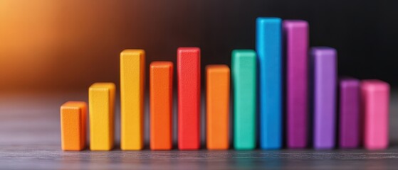 Colorful bar graph representing data growth on a dark wooden surface.