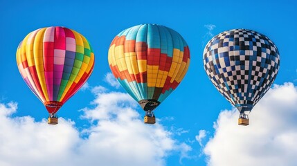 Naklejka premium Three colorful hot air balloons flying in a clear blue sky with white fluffy clouds.