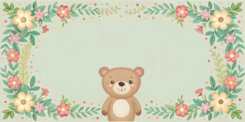 Fototapeta premium Holiday invitation and greeting card with a floral frame in pastel colors featuring a cute bear, holiday