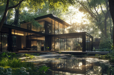 A modern glass house with black steel frames, surrounded by lush greenery and reflecting the surrounding nature. The structure is designed to capture natural light through large windows