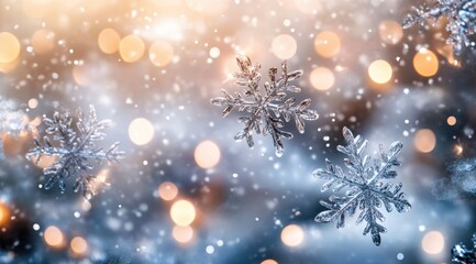 Fototapeta premium Soft winter background with large white snowflakes gently falling on a light blue backdrop.