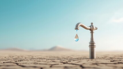 Faucet with a single drop of water suspended in midair over a cracked desert, visualizing the risk of complete depletion, stark contrast