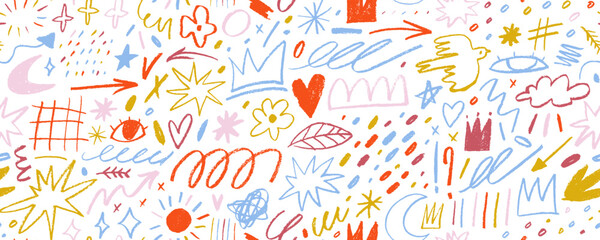 Colorful crayon drawn doodles seamless pattern. Hand drawn childish wrapping paper with various doodle shapes.