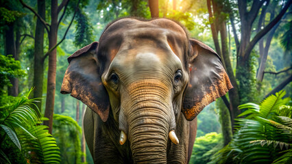 Fototapeta premium Majestic close-up of an Asian elephant in the forest, wildlife, endangered species, nature, conservation, majestic