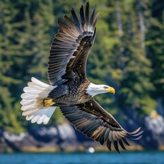 Obraz premium A photo of an eagle flying over the ocean with its wings spread