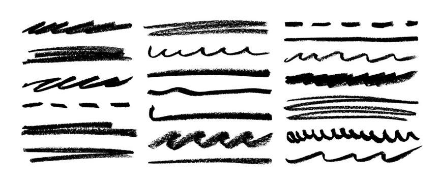 Charcoal or crayon rough underlines, rough straight lines, waves and squiggles. Hand drawn doodle vector graphic elements. Pencil drawn strips and rough highlighters. Horizontal emphasis strokes.