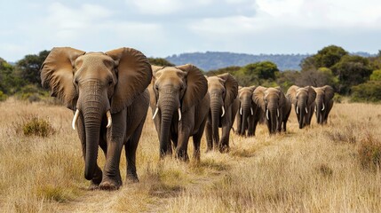 Fototapeta premium A herd of elephants representing the transport sector in the wild, moving large amounts of resources across a savannah