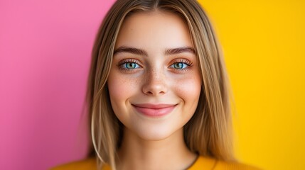 A beautiful white woman facing the camera with a bright smile, her charming large eyes sparkling, medium straight hair flowing gently in the breeze, wearing a stylish casual summer outfit. She 