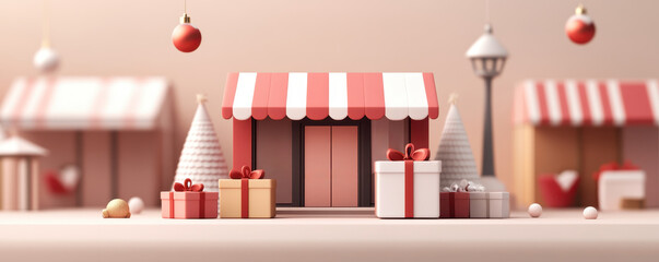 Festive toy market scene with colorful stalls and decorations, soft focus.