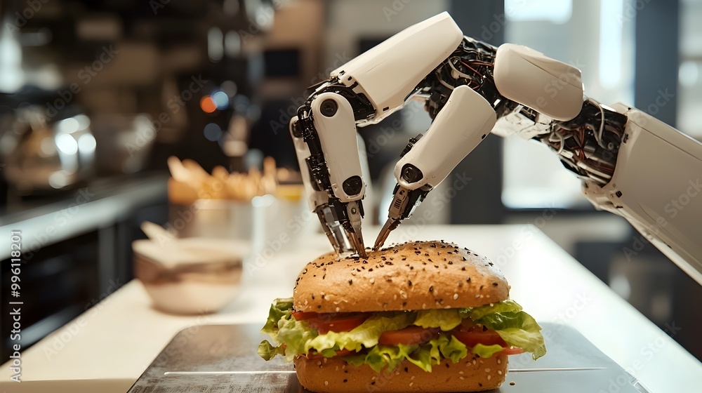 Poster futuristic robotic arm assembling sandwich in automated cafe