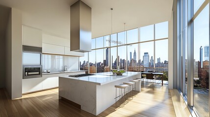 Modern kitchen with a large island and stunning city views.