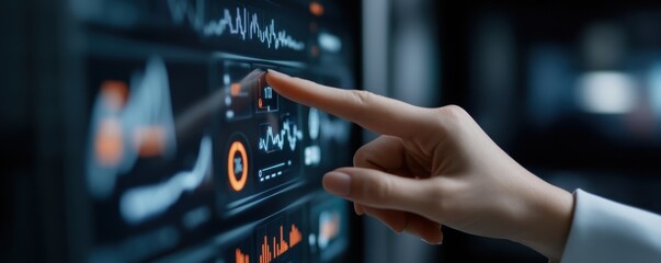 Futuristic hand interacting with a digital control panel, modern technology background.