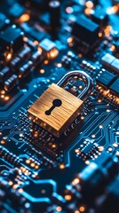 Obraz premium A golden padlock is placed on top of an intricate circuit board, symbolizing the security associated with data protection in digital systems
