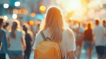 young woman with yellow backpack walks through busy street filled with people, capturing vibrant atmosphere of public event. warm sunlight creates cheerful ambiance