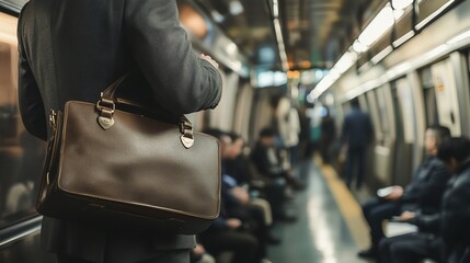 Fototapeta premium A businessman with a briefcase on a subway train.